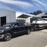 Pontoon boat on a trailer